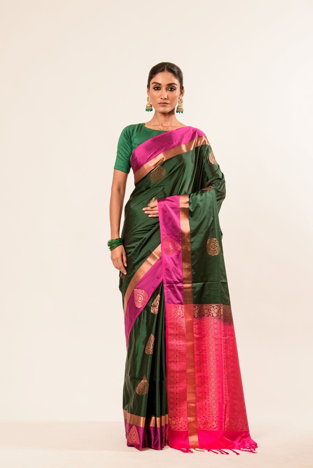 Castleton Green Pure Kanjivaram Silk Saree with Pink and Gold Border - Image 1
