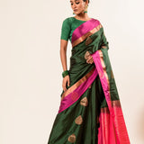 Castleton Green Pure Kanjivaram Silk Saree with Pink and Gold Border - Image 3