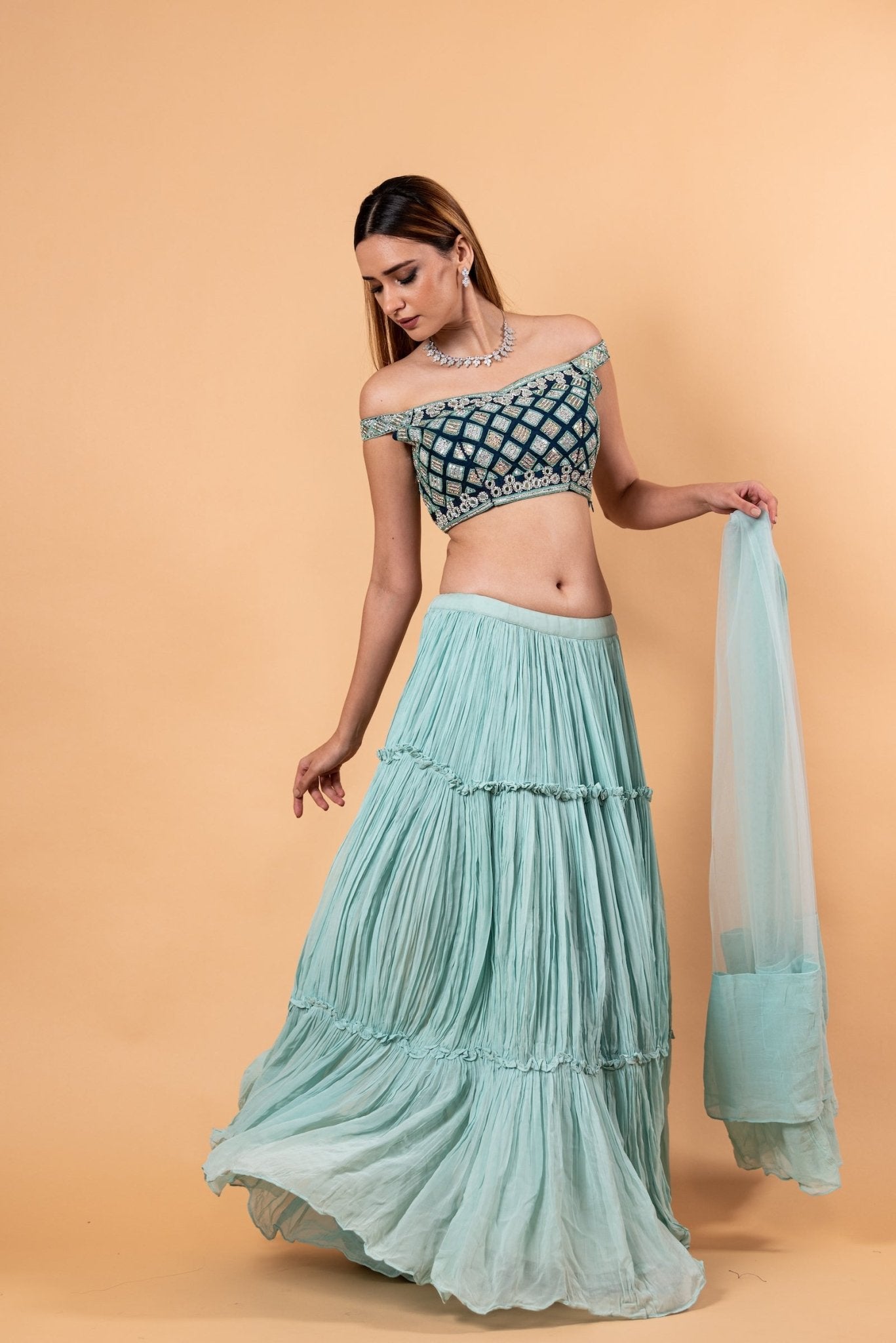 Pastel Blue Lehenga Set With Heavy Embroidered Off Shoulder Choli and Net Dupatta - Anvi Couture