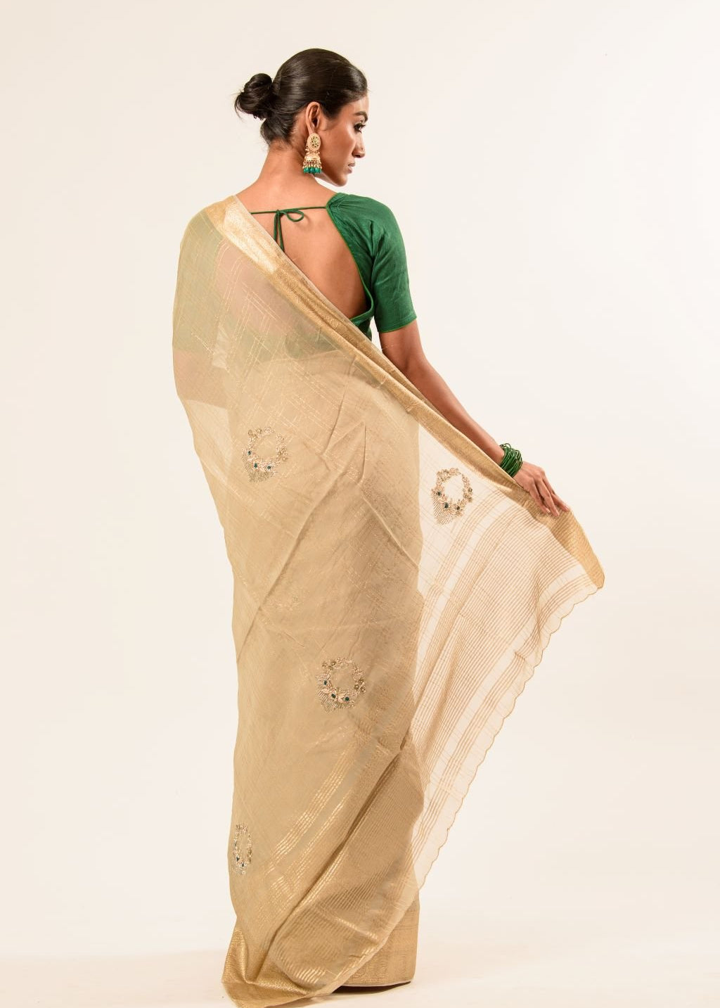 Pearl White Pure Georgette Woven Saree with Hand Embroidered Work - Anvi Couture
