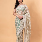 Pastel Green Net Saree with all over Stone and embroidery work And Unstitch blouse - Image 1