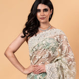 Pastel Green Net Saree with all over Stone and embroidery work And Unstitch blouse - Image 4