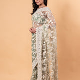 Pastel Green Net Saree with all over Stone and embroidery work And Unstitch blouse - Image 2