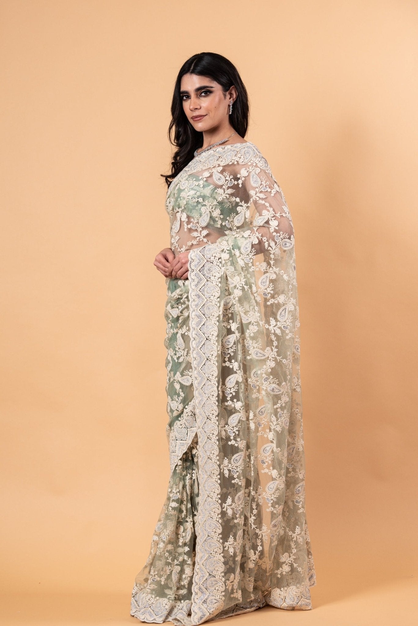 Pastel Green Net Saree with all over Stone and embroidery work And Unstitch blouse - Image 2