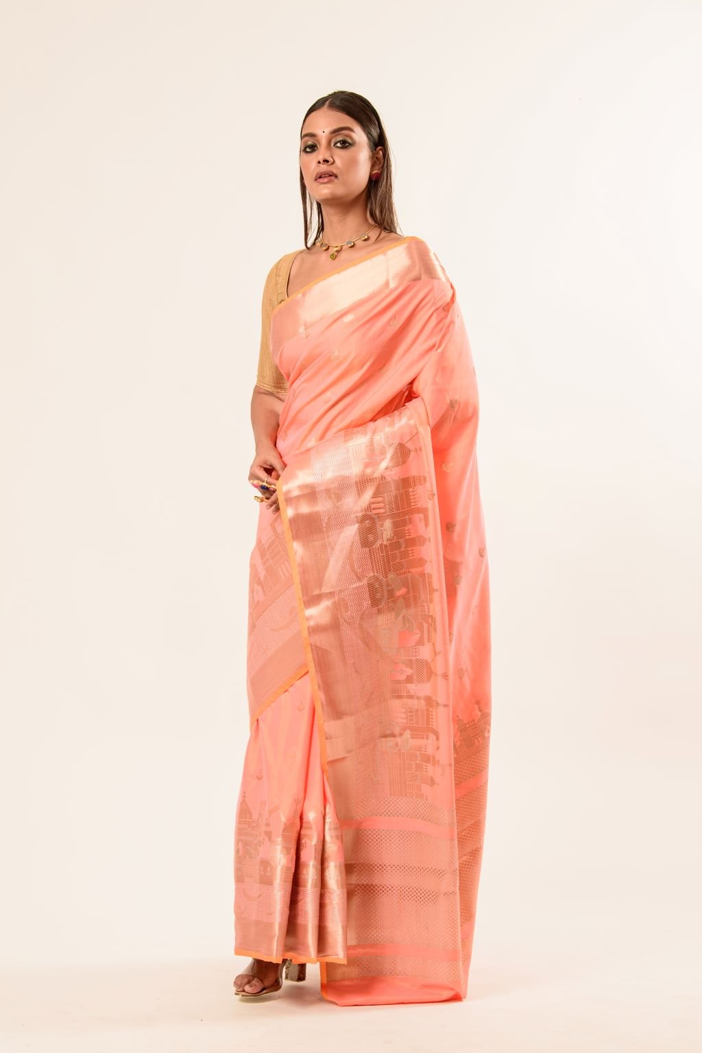 Coral Peach Katan Banarasi Silk Saree With Golden Temple Border - Anvi Couture