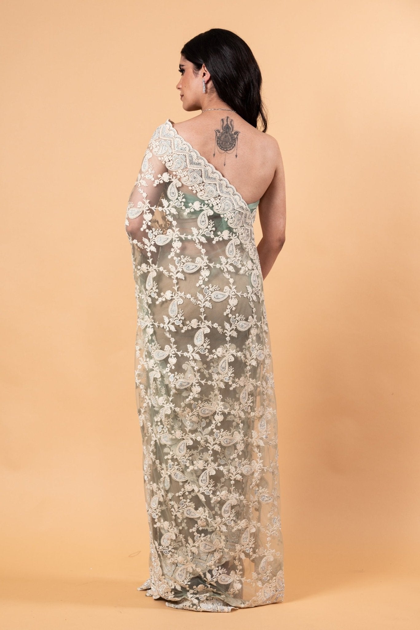 Pastel Green Net Saree with all over Stone and embroidery work And Unstitch blouse - Image 5