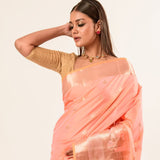 Coral Peach Katan Banarasi Silk Saree With Golden Temple Border - Anvi Couture