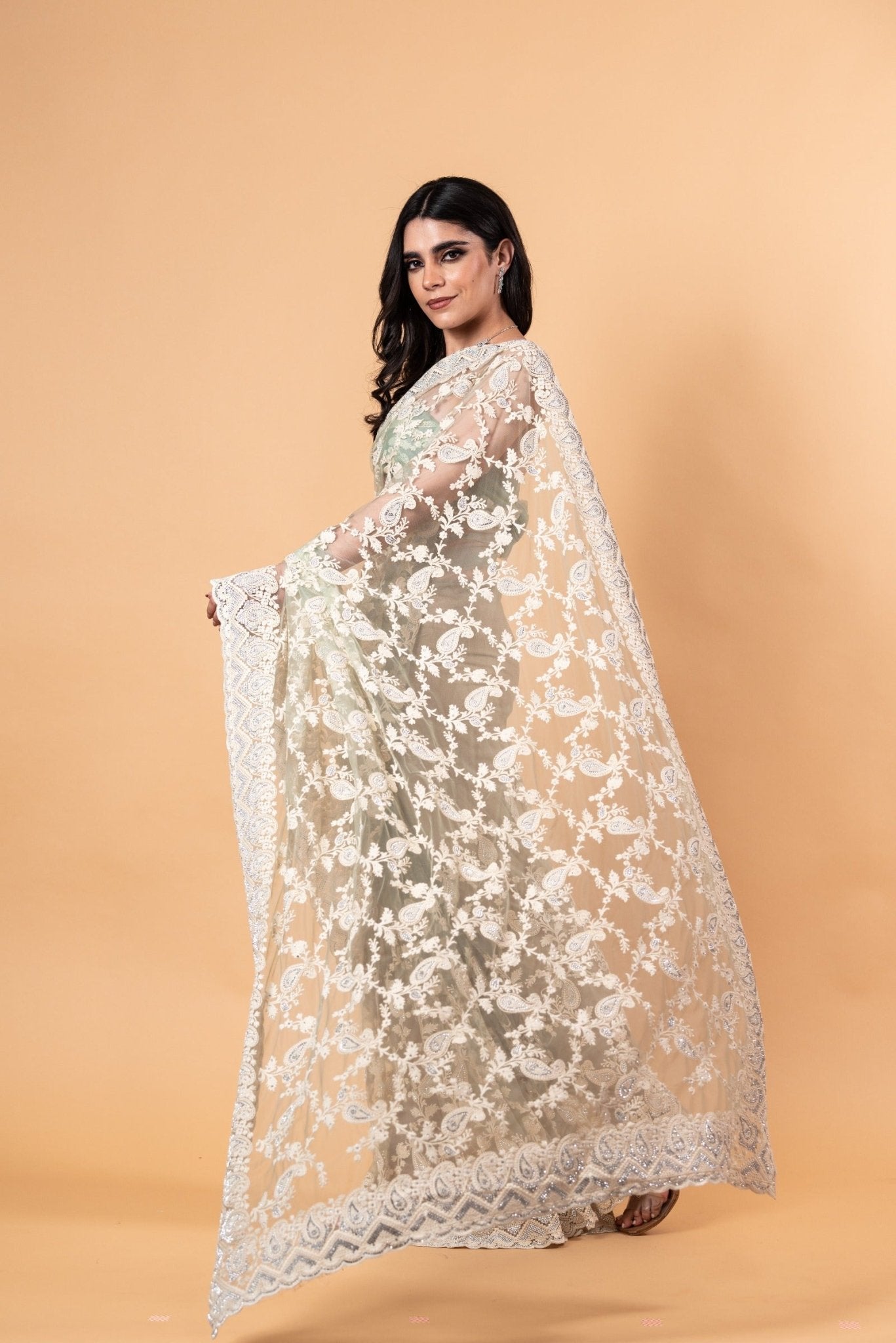 Pastel Green Net Saree with all over Stone and embroidery work And Unstitch blouse - Image 3