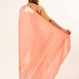 Coral Peach Katan Banarasi Silk Saree With Golden Temple Border - Anvi Couture