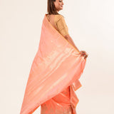 Coral Peach Katan Banarasi Silk Saree With Golden Temple Border - Anvi Couture