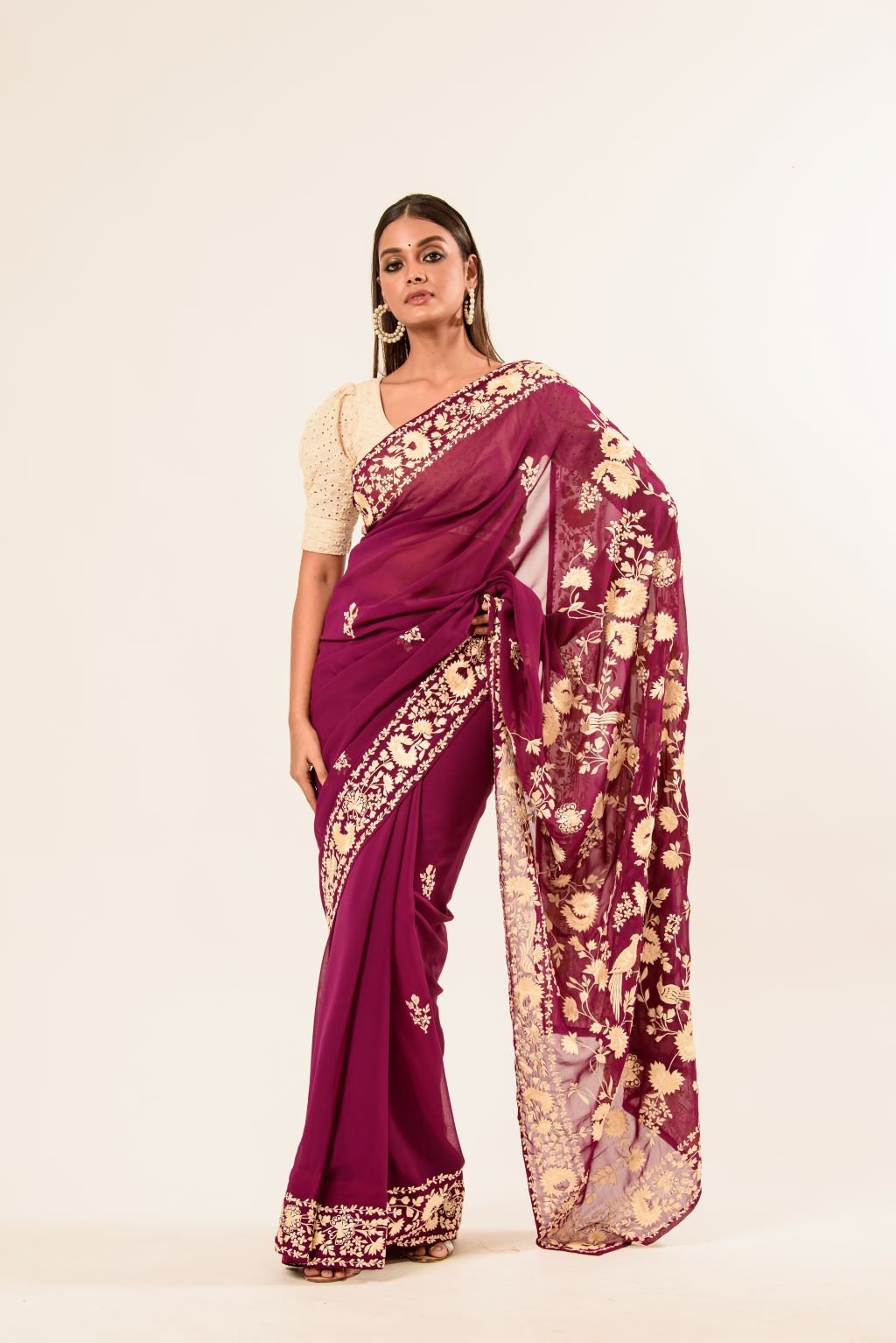 Maroon Parsi Gara Saree in Georgette with an Embellished Hand Embroidered Work - Image 1