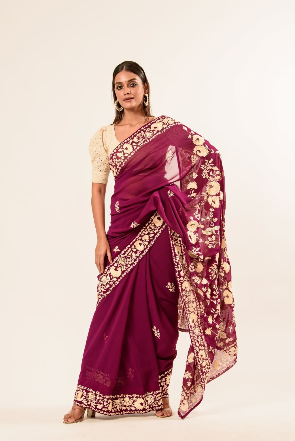Maroon Parsi Gara Saree in Georgette with an Embellished Hand Embroidered Work - Image 2
