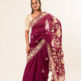 Maroon Parsi Gara Saree in Georgette with an Embellished Hand Embroidered Work - Image 2