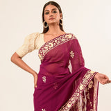 Maroon Parsi Gara Saree in Georgette with an Embellished Hand Embroidered Work - Image 3