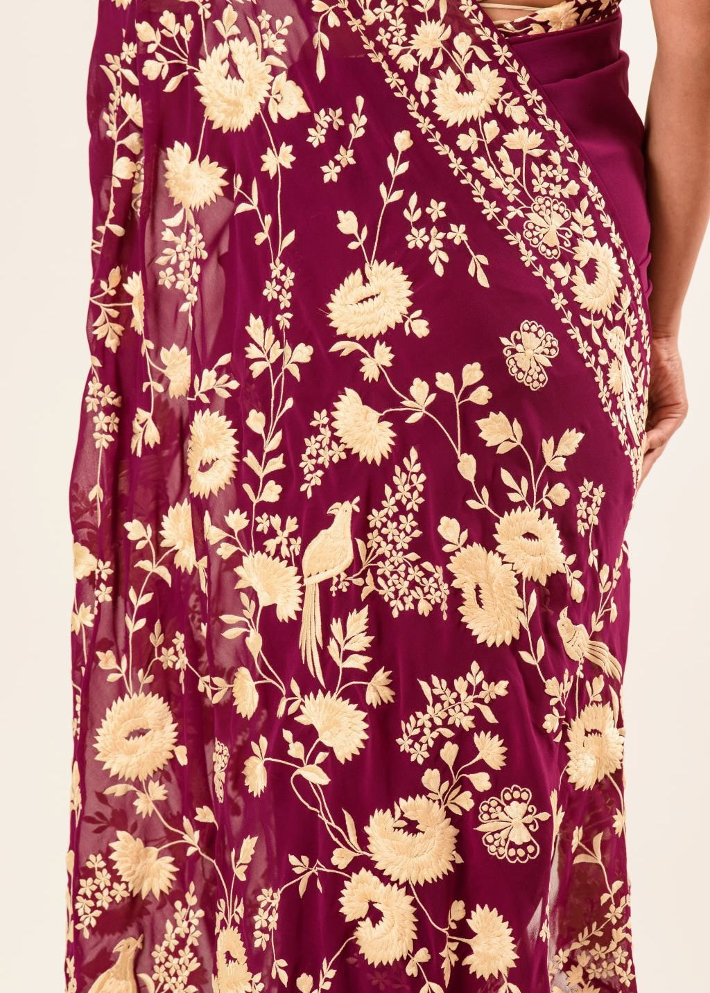 Maroon Parsi Gara Saree in Georgette with an Embellished Hand Embroidered Work - Image 5