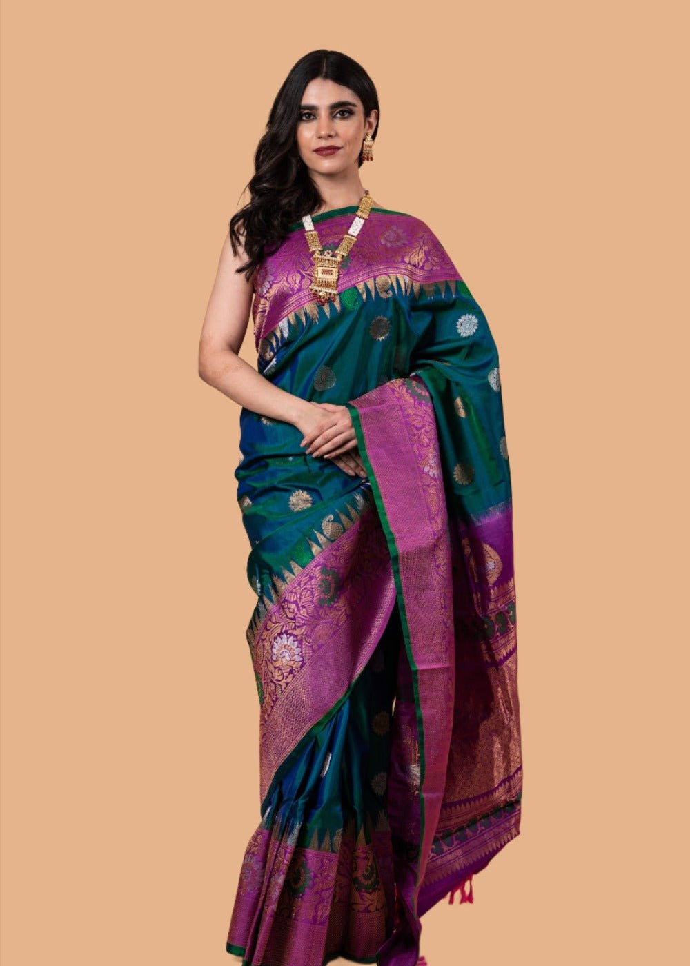 Peacock Green Handwoven Original Gadwal Silk Saree - Anvi Couture - Image 1