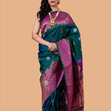 Peacock Green Handwoven Original Gadwal Silk Saree - Anvi Couture - Image 1