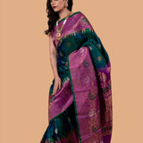 Peacock Green Handwoven Original Gadwal Silk Saree - Anvi Couture - Image 4