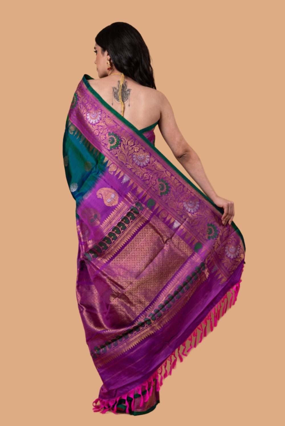 Peacock Green Handwoven Original Gadwal Silk Saree - Anvi Couture - Image 3