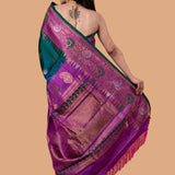 Peacock Green Handwoven Original Gadwal Silk Saree - Anvi Couture - Image 3