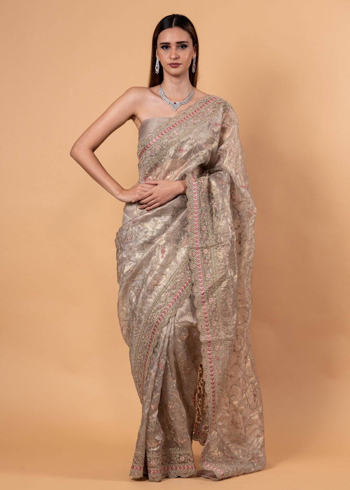 Silver Tissue Silk Saree with All - Over Zari Embellished Floral Work - Anvi Couture