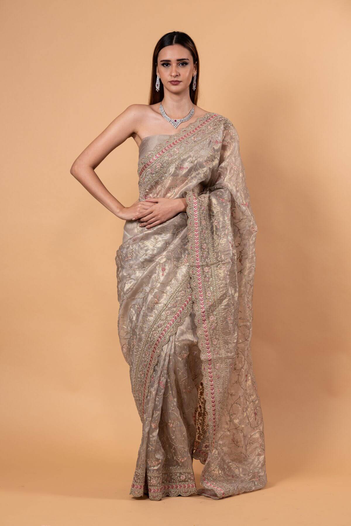 Silver Tissue Silk Saree with All - Over Zari Embellished Floral Work - Anvi Couture