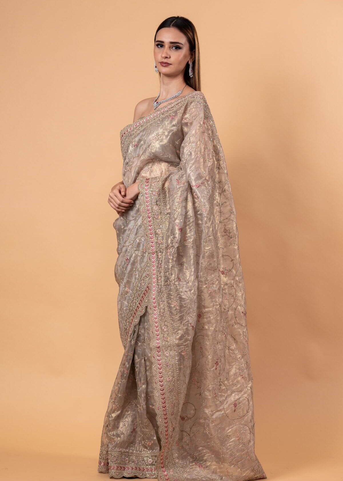 Silver Tissue Silk Saree with All - Over Zari Embellished Floral Work - Anvi Couture