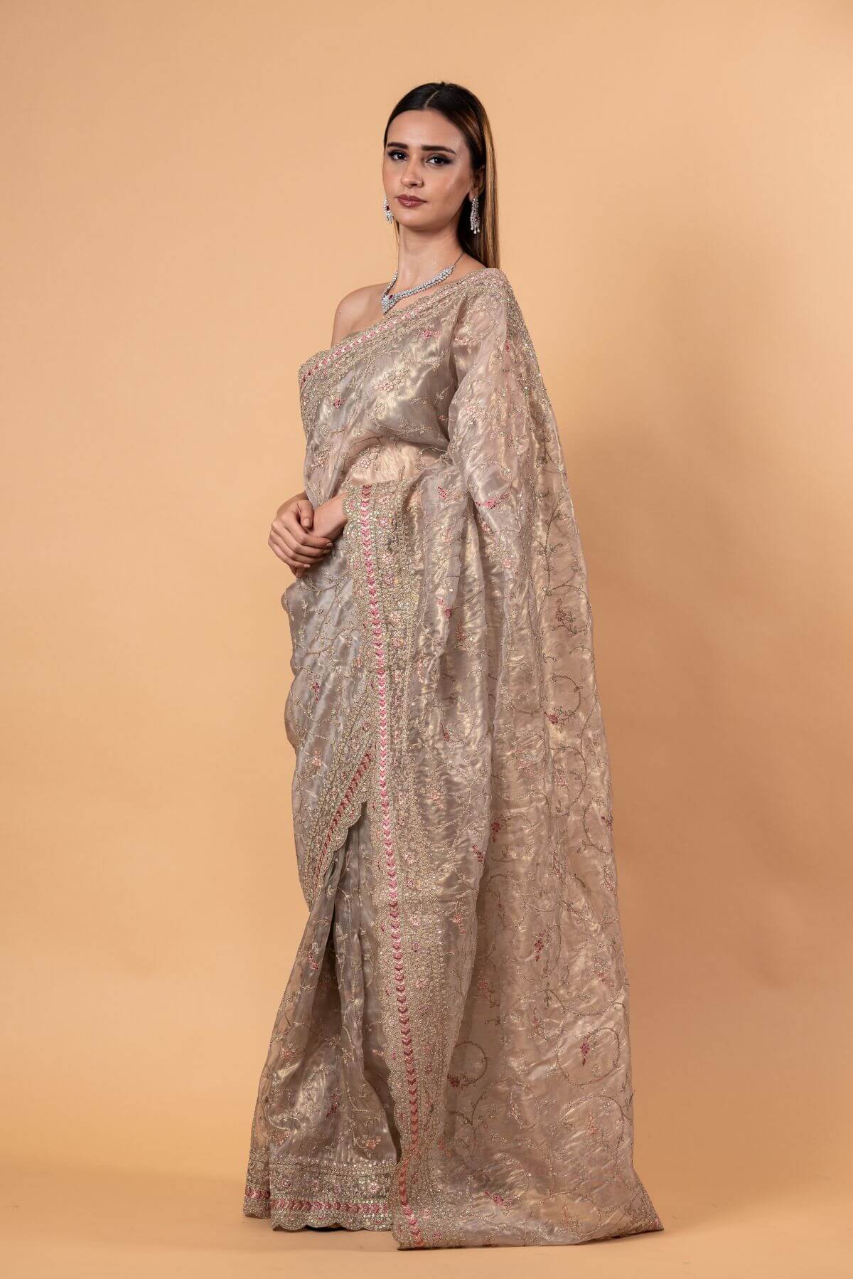 Silver Tissue Silk Saree with All - Over Zari Embellished Floral Work - Anvi Couture