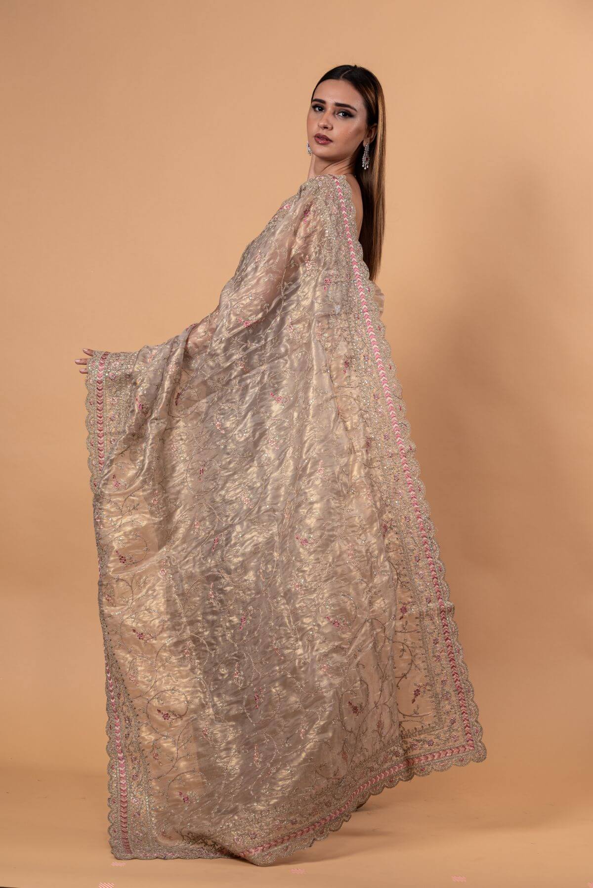 Silver Tissue Silk Saree with All - Over Zari Embellished Floral Work - Anvi Couture