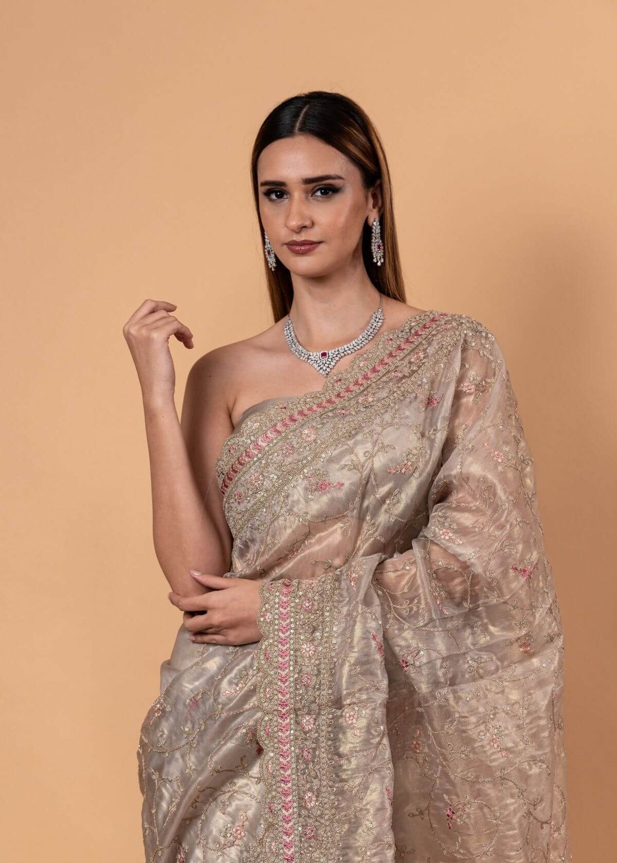 Silver Tissue Silk Saree with All - Over Zari Embellished Floral Work - Anvi Couture