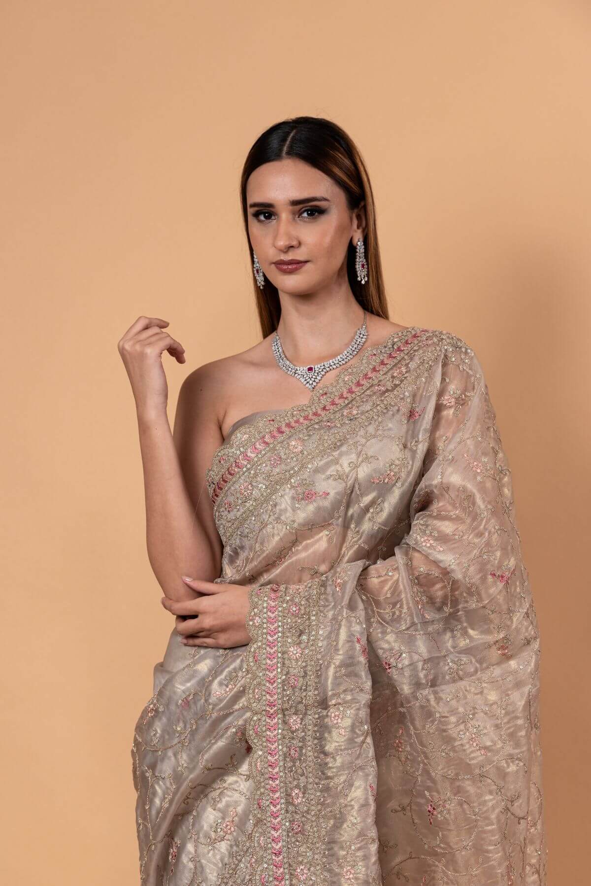 Silver Tissue Silk Saree with All - Over Zari Embellished Floral Work - Anvi Couture