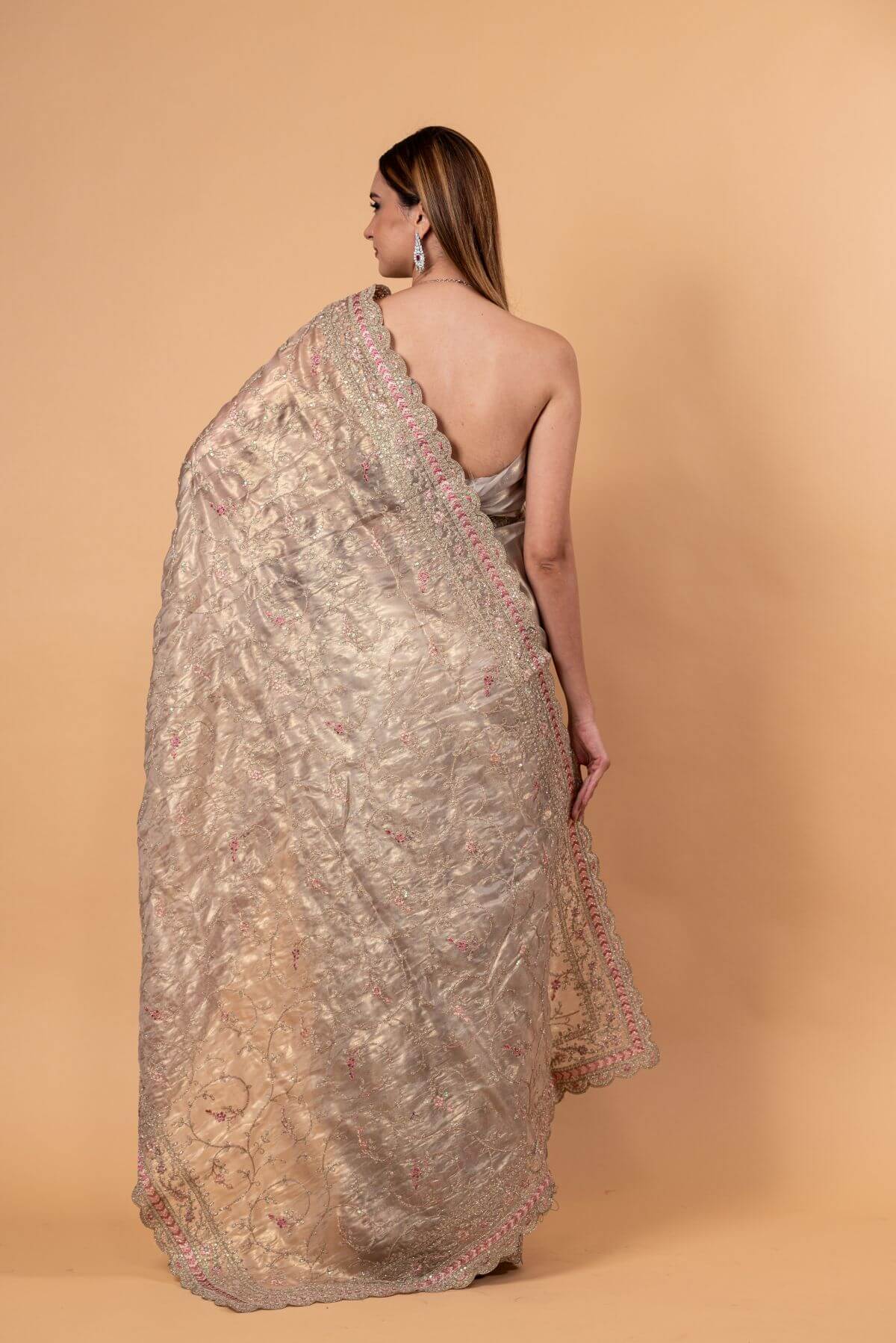 Silver Tissue Silk Saree with All - Over Zari Embellished Floral Work - Anvi Couture