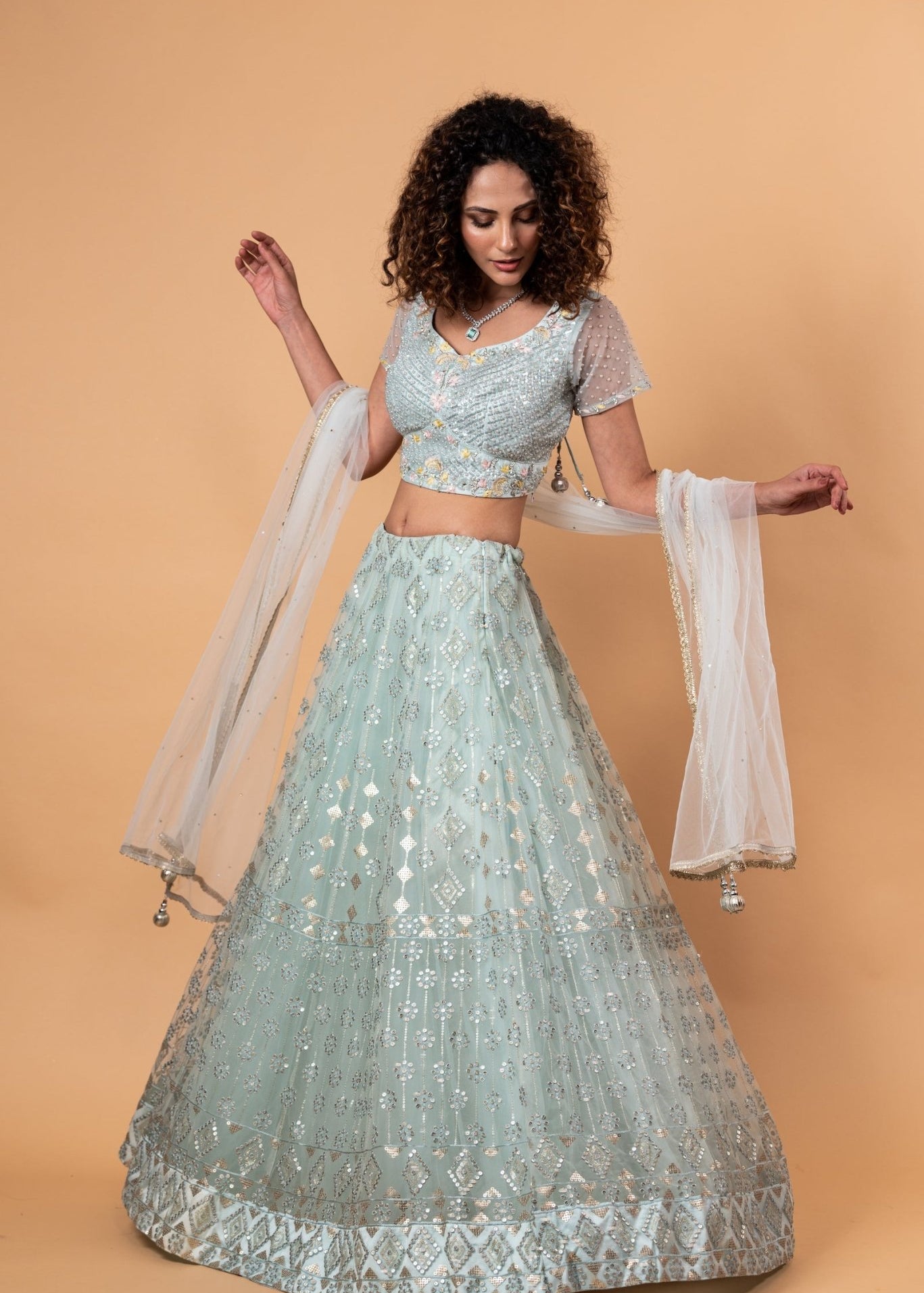 Light Blue Net Lehenga with Embroidery Work - Anvi Couture