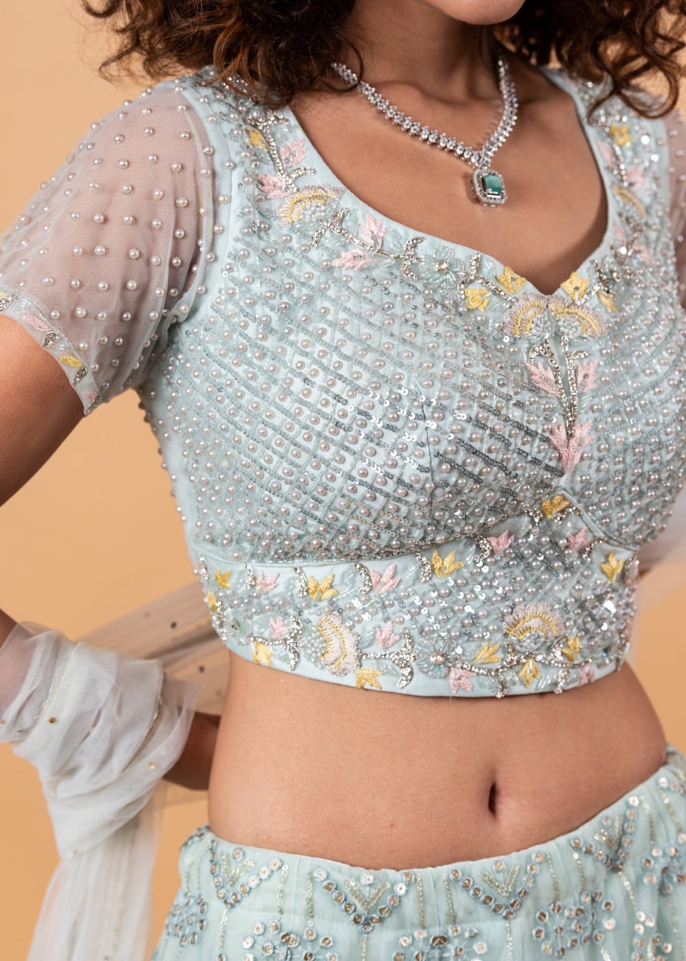 Light Blue Net Lehenga with Embroidery Work - Anvi Couture