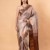 Gray Handwoven Gadwal Pure Silk Saree with Contrasting Copper Zari Border - Anvi Couture