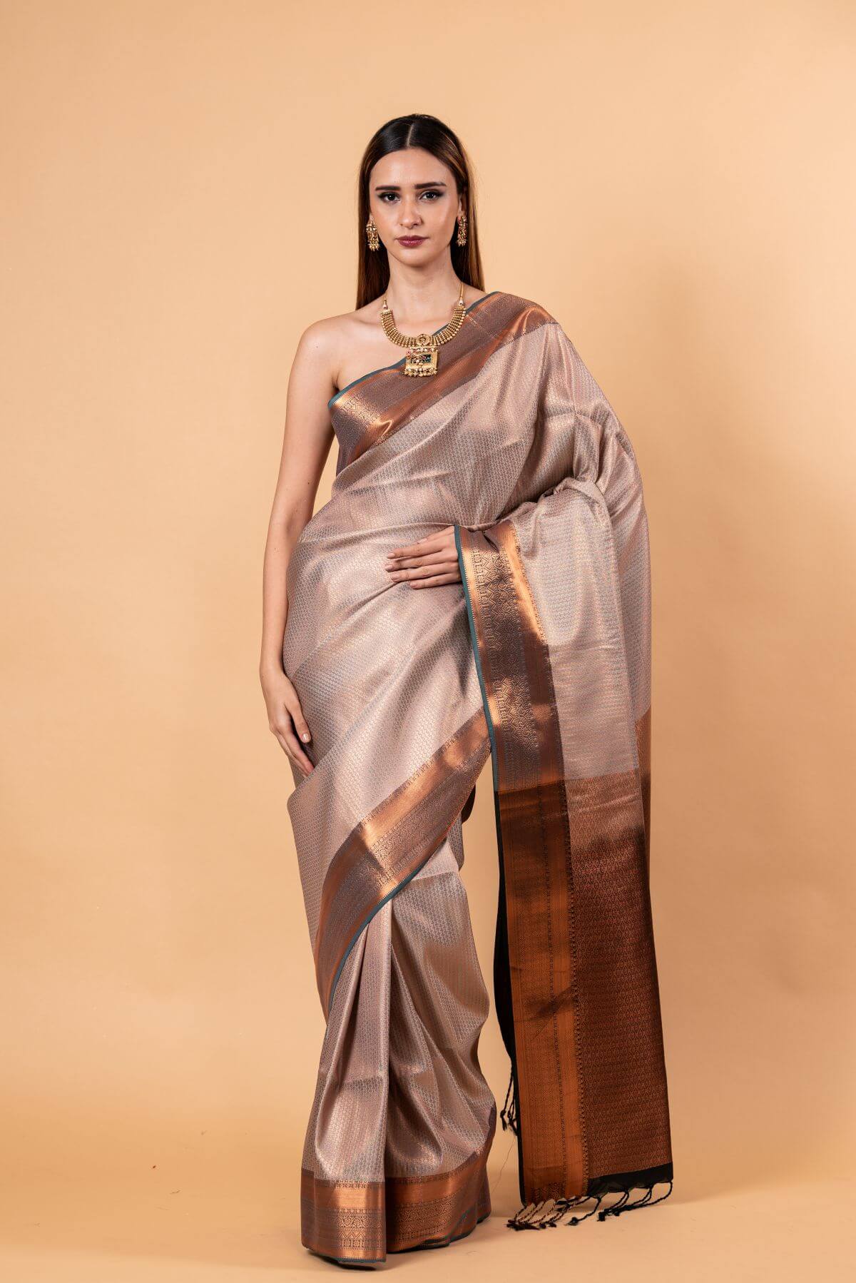 Gray Handwoven Gadwal Pure Silk Saree with Contrasting Copper Zari Border - Anvi Couture