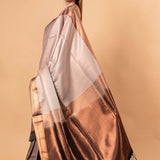 Gray Handwoven Gadwal Pure Silk Saree with Contrasting Copper Zari Border - Anvi Couture