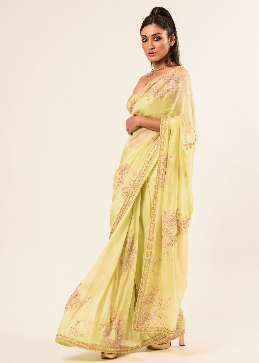 Light Yellow Hand Embroidered Crepe Silk Saree - Image 3