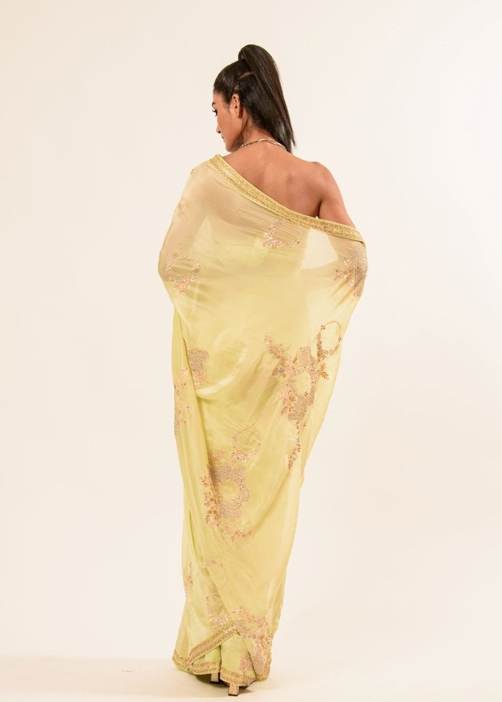 Light Yellow Hand Embroidered Crepe Silk Saree - Anvi Couture