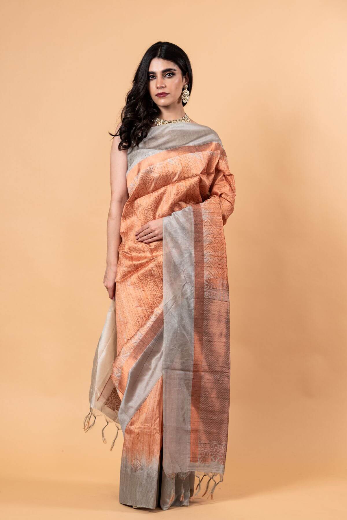 Orange and Gray Pure Silk Shibori Saree - Anvi Couture