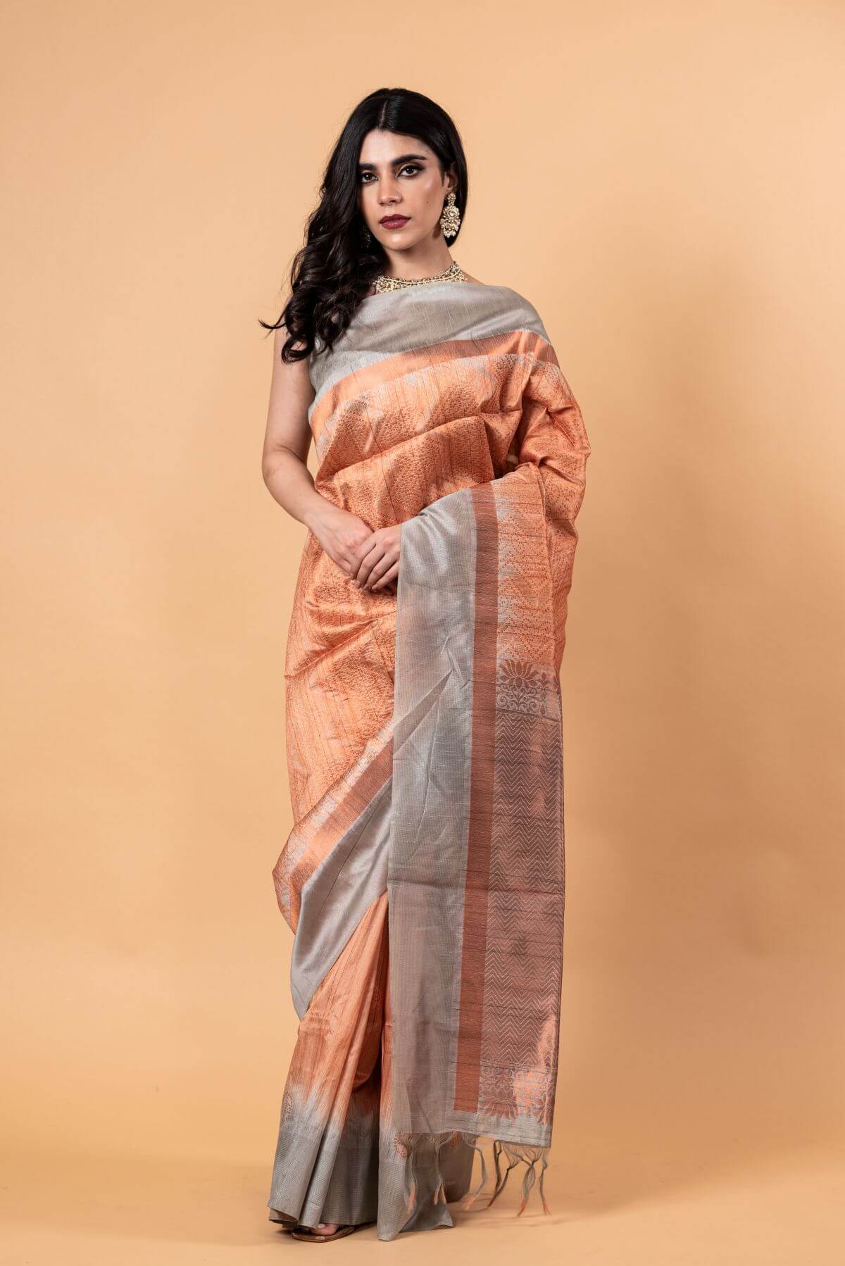 Orange and Gray Pure Silk Shibori Saree - Anvi Couture