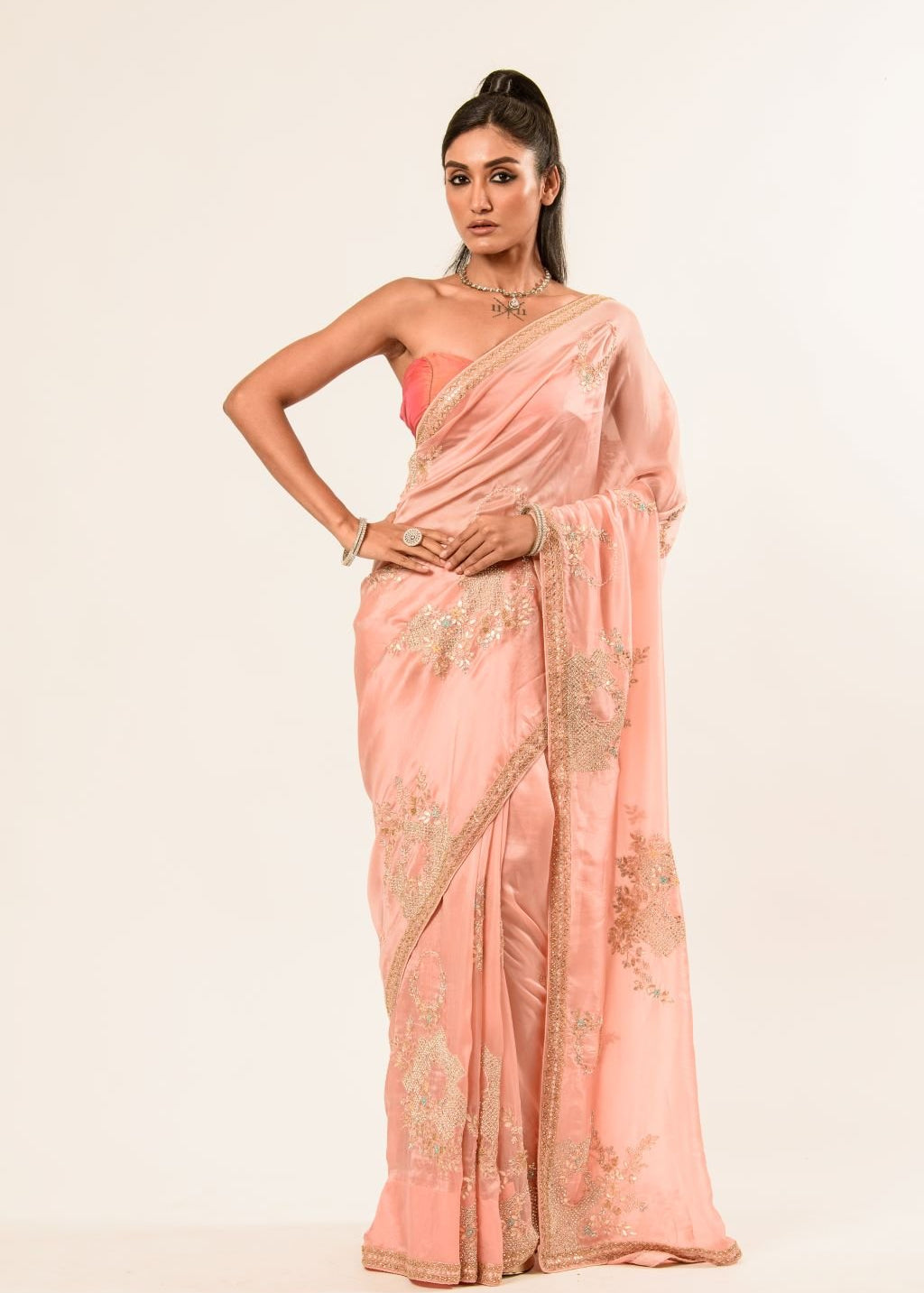 Light Pink Hand Embroidered Crepe Silk Saree - Image 1