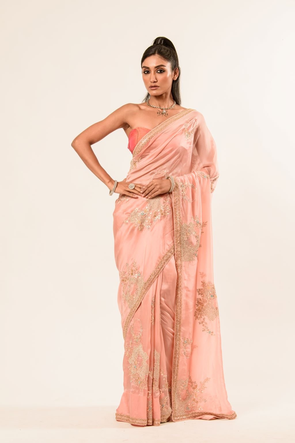 Light Pink Hand Embroidered Crepe Silk Saree - Image 1