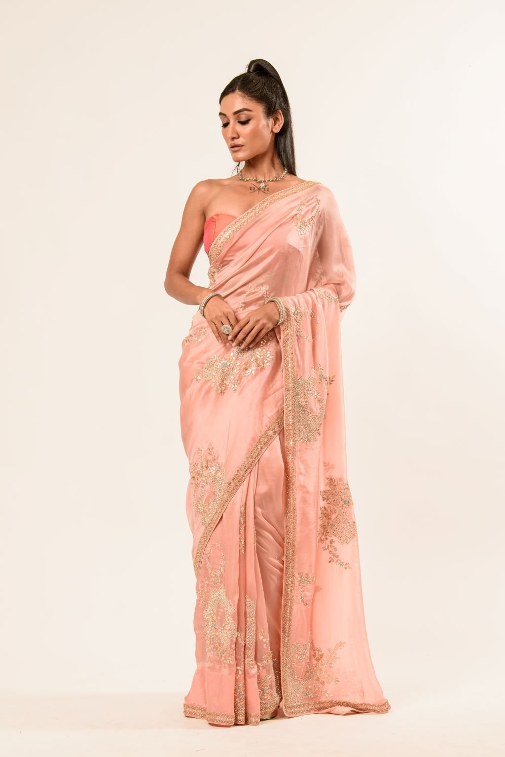 Light Pink Hand Embroidered Crepe Silk Saree - Image 2