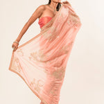 Light Pink Hand Embroidered Crepe Silk Saree - Image 3