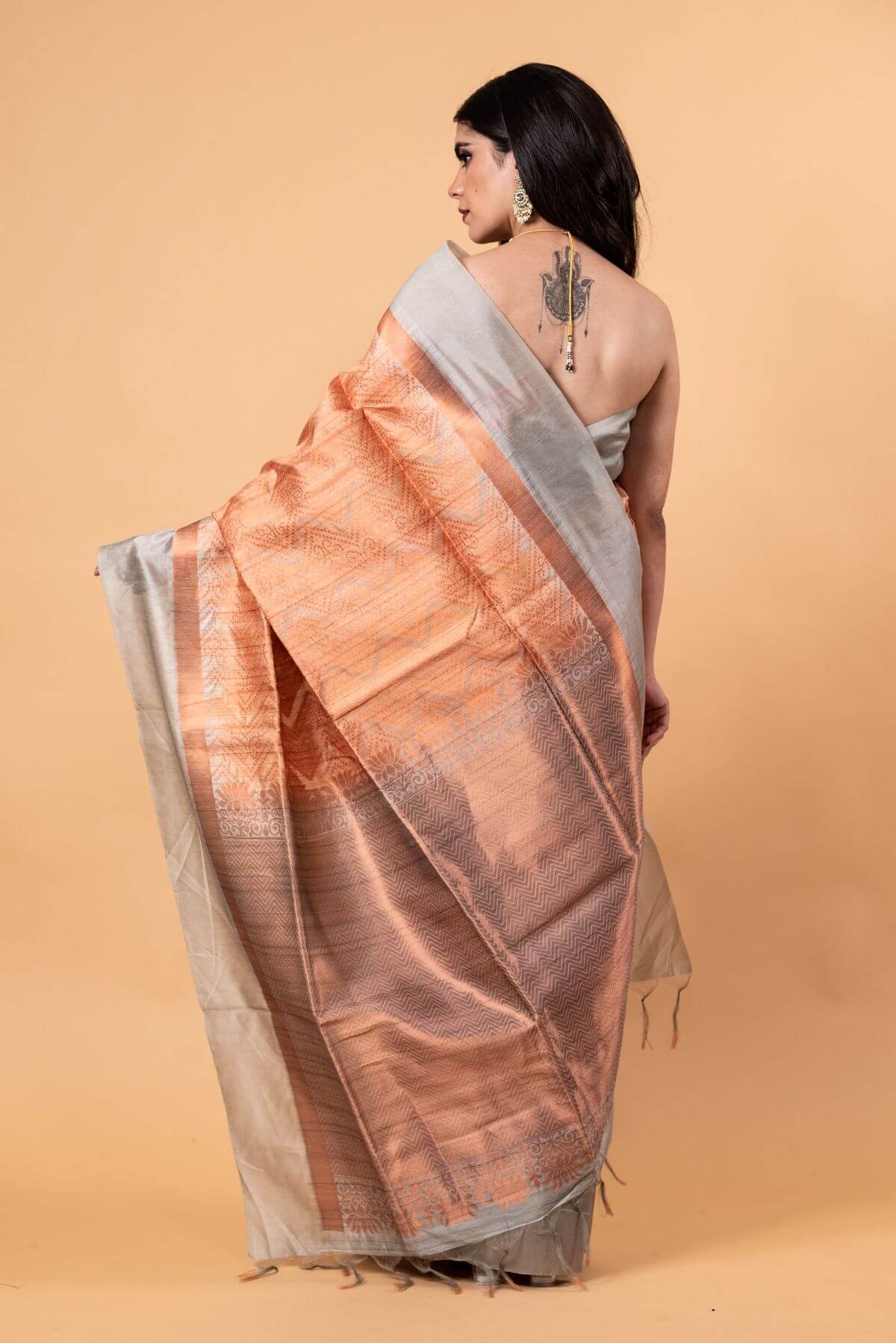Orange and Gray Pure Silk Shibori Saree - Anvi Couture