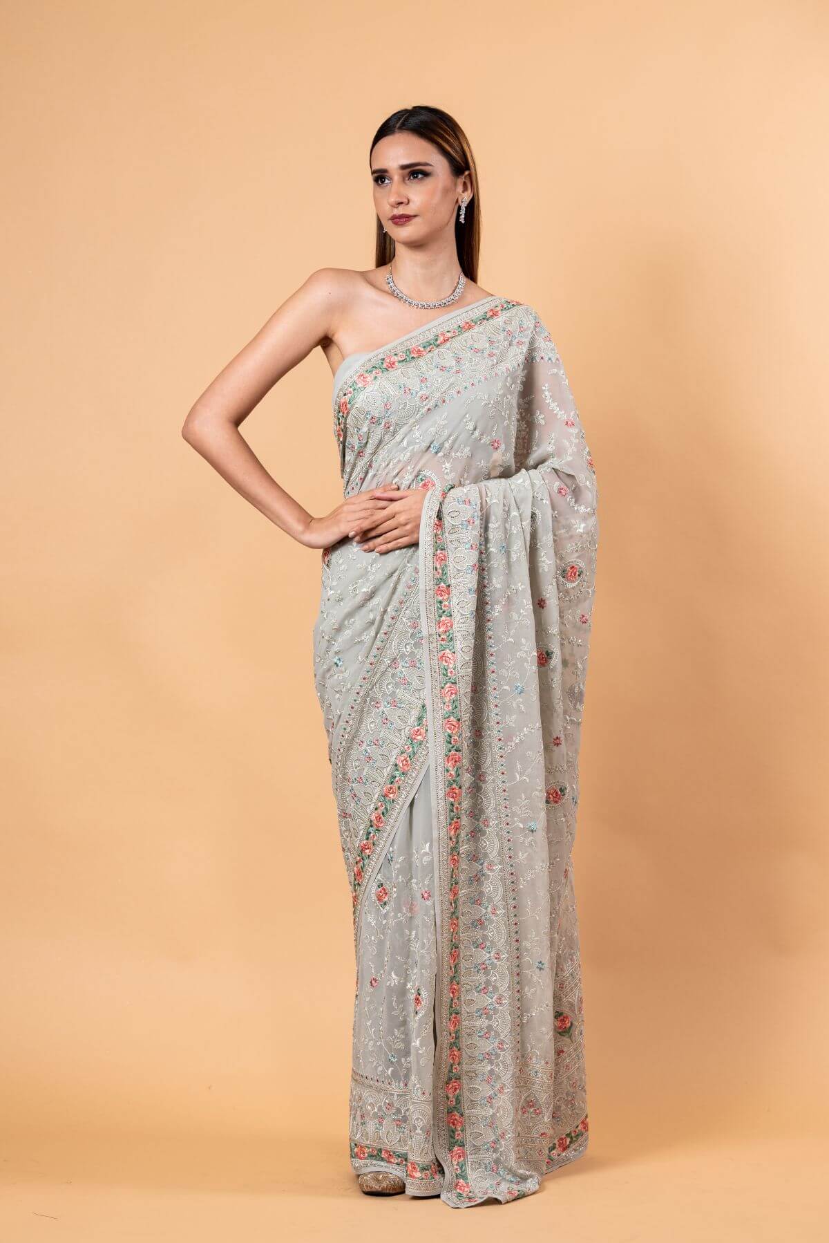 Gray Georgette Chikankari Saree with Multicolor Floral Embroidery - Anvi Couture