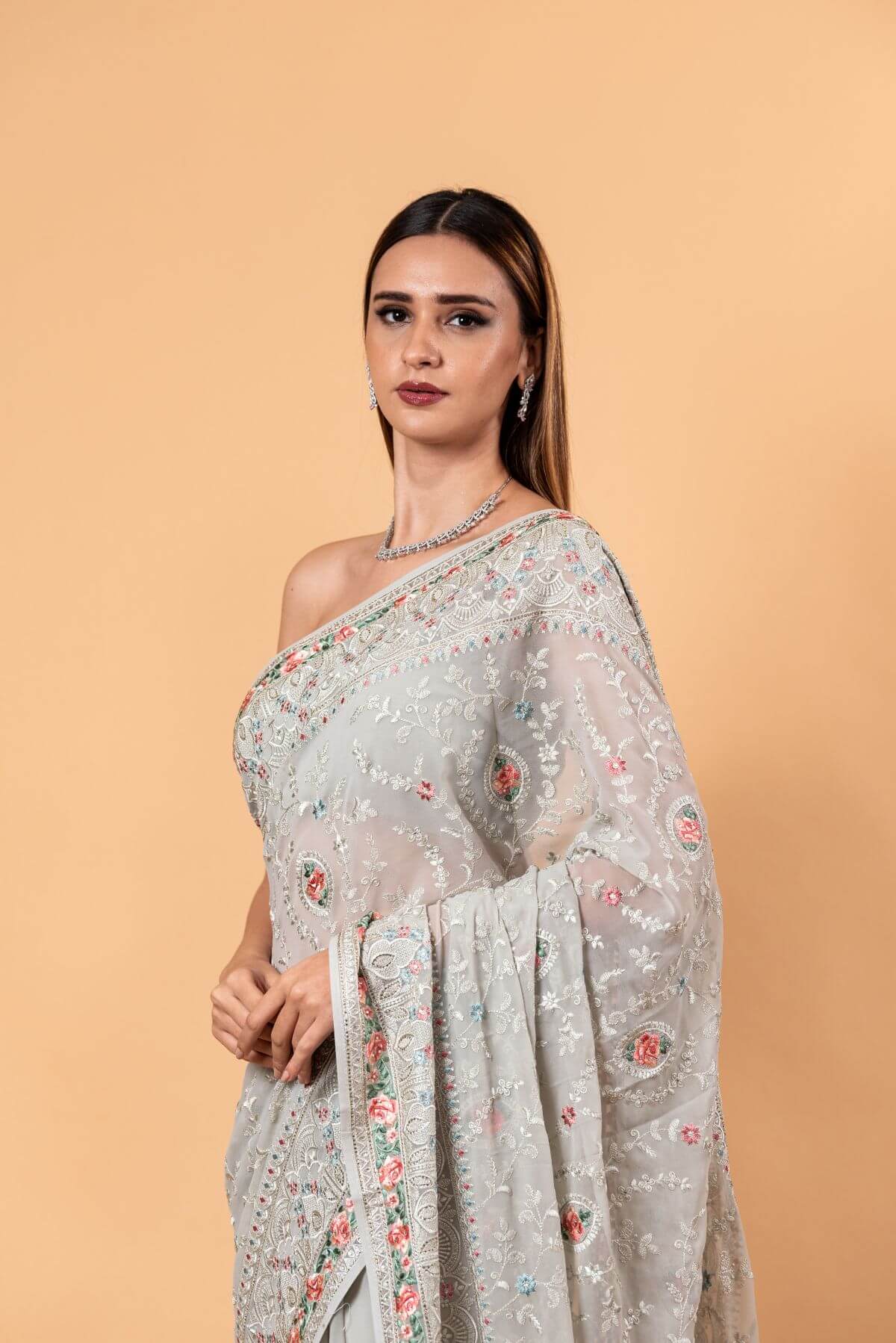 Gray Georgette Chikankari Saree with Multicolor Floral Embroidery - Anvi Couture