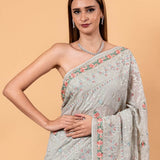 Gray Georgette Chikankari Saree with Multicolor Floral Embroidery - Anvi Couture