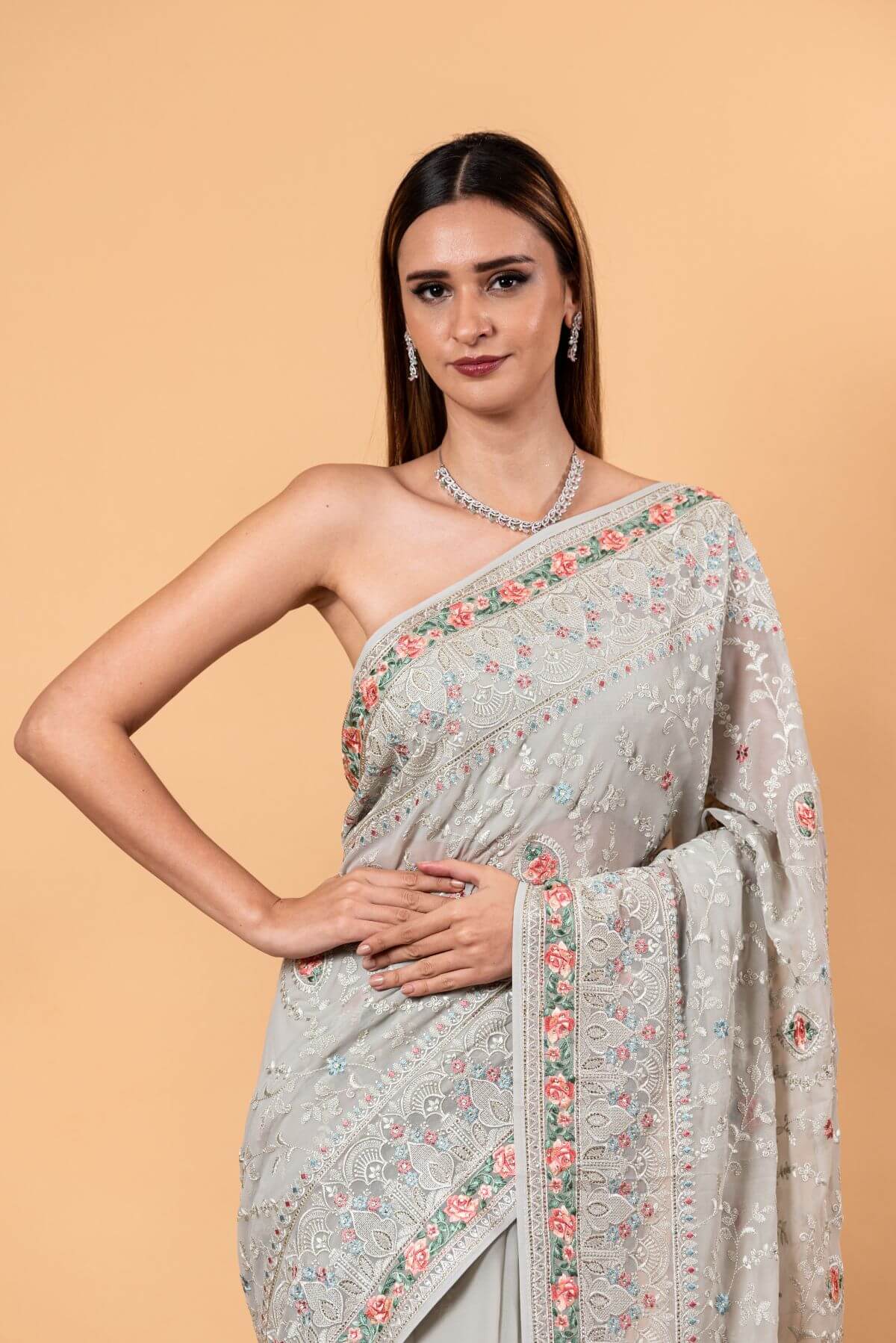 Gray Georgette Chikankari Saree with Multicolor Floral Embroidery - Anvi Couture
